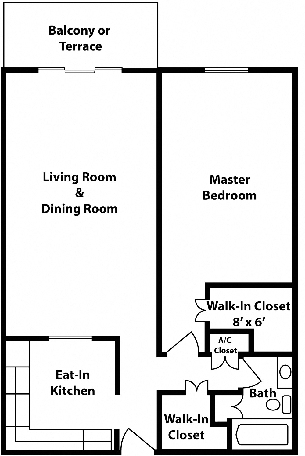 Floor plan for 1 bed, 1 bath, 1050 sqft